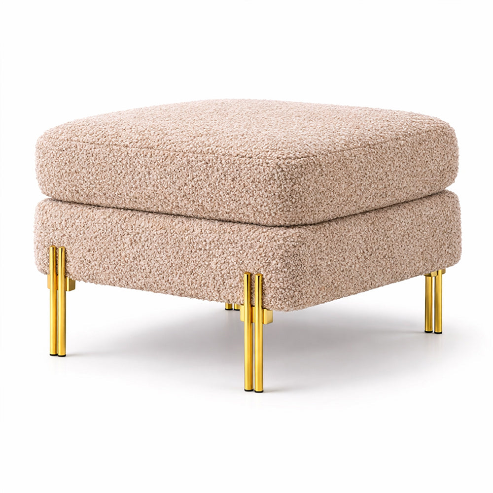 Luxe Light Brown Bouclé Ottoman - Gold Legs