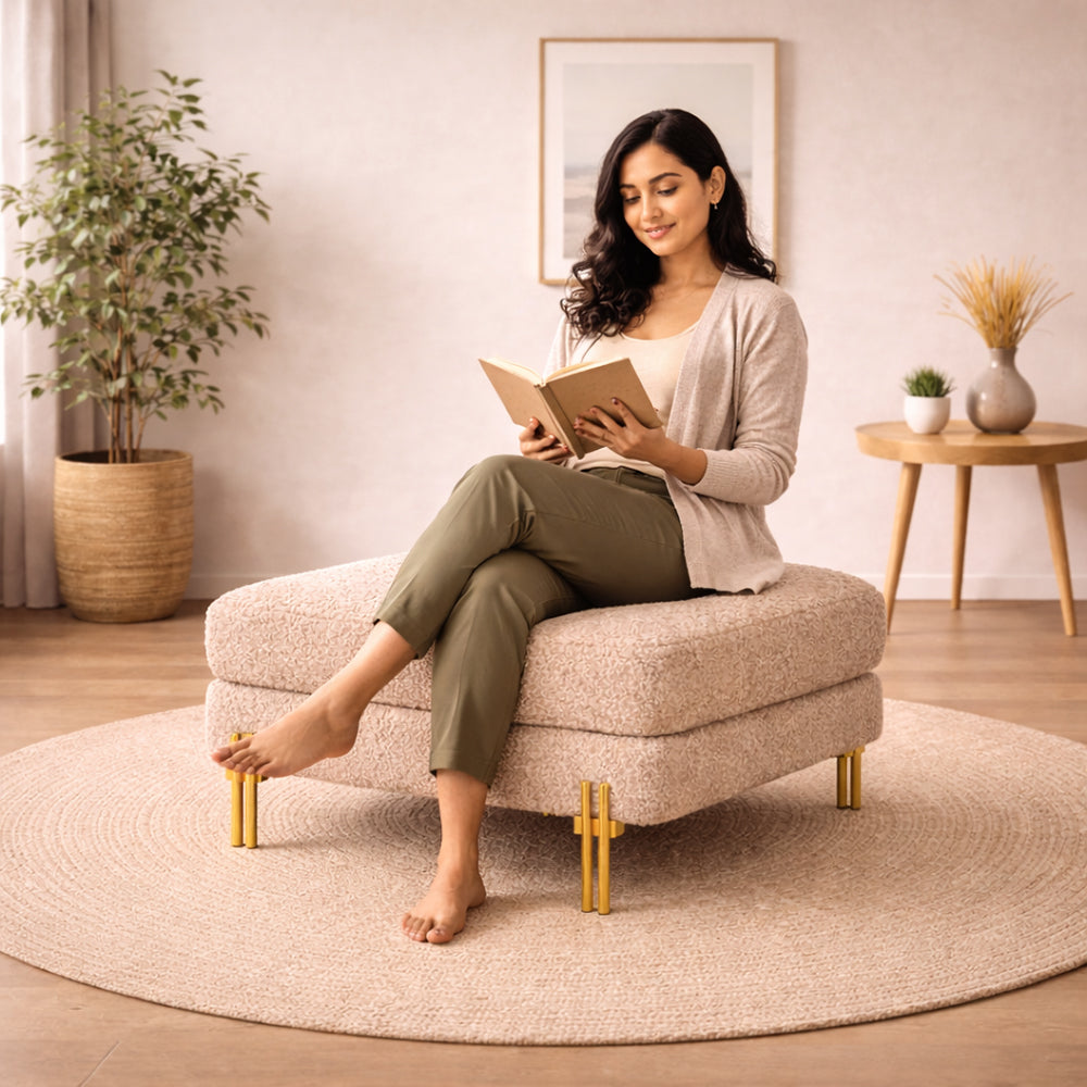 Luxe Light Brown Bouclé Ottoman - Gold Legs