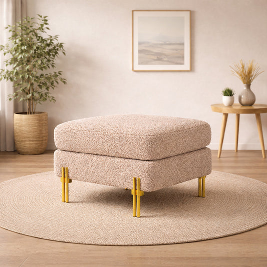 Luxe Light Brown Bouclé Ottoman - Gold Legs