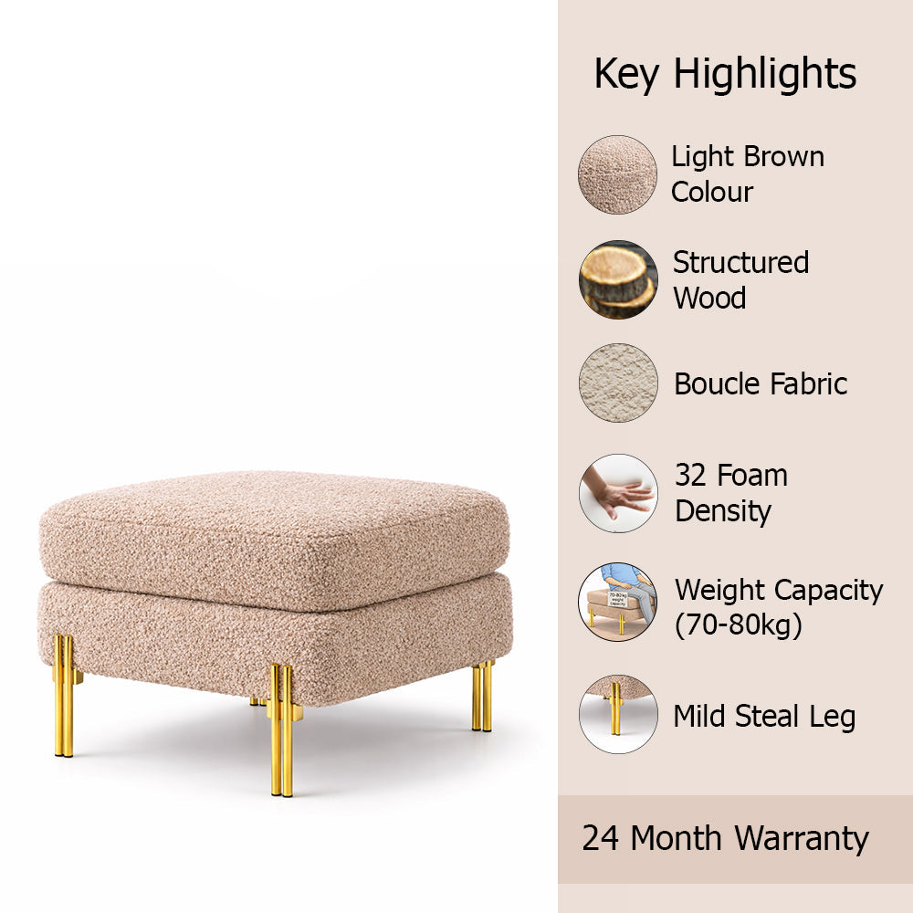 Luxe Light Brown Bouclé Ottoman - Gold Legs