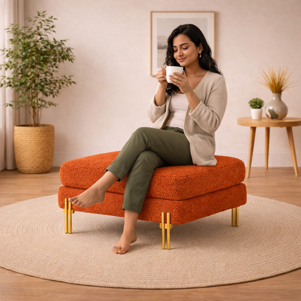 Luxe Orange Bouclé Ottoman - Gold Legs