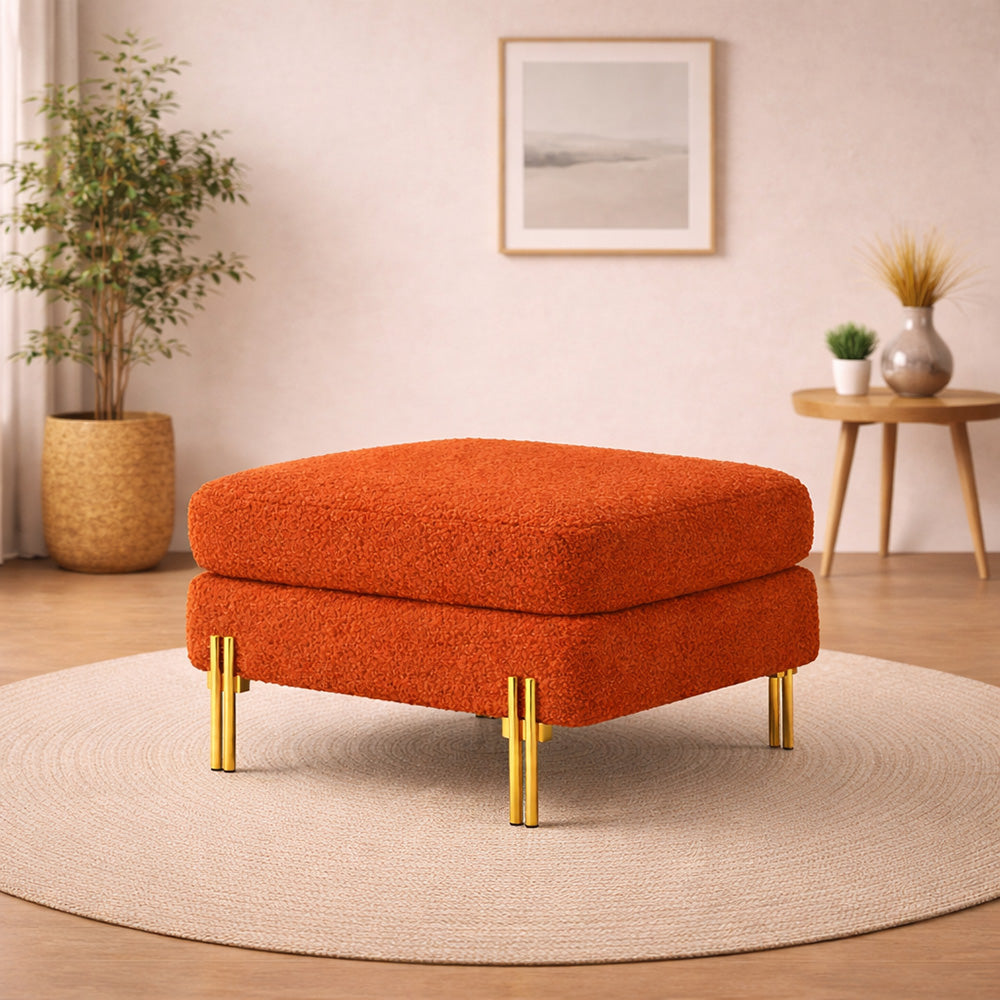 Luxe Orange Bouclé Ottoman - Gold Legs