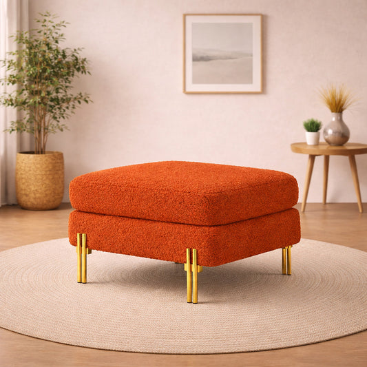 Luxe Orange Bouclé Ottoman - Gold Legs