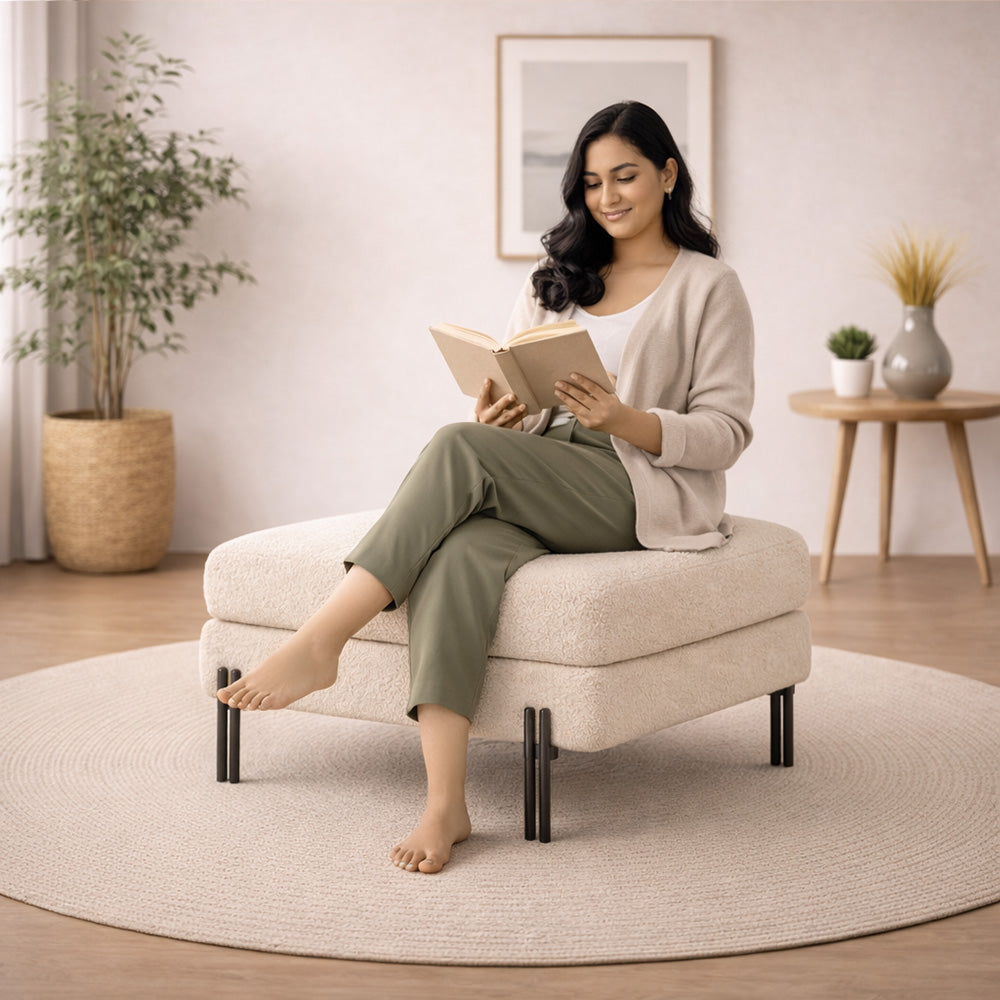 Luxe White Bouclé Ottoman - Black Legs
