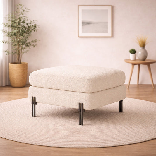 Luxe White Bouclé Ottoman - Black Legs