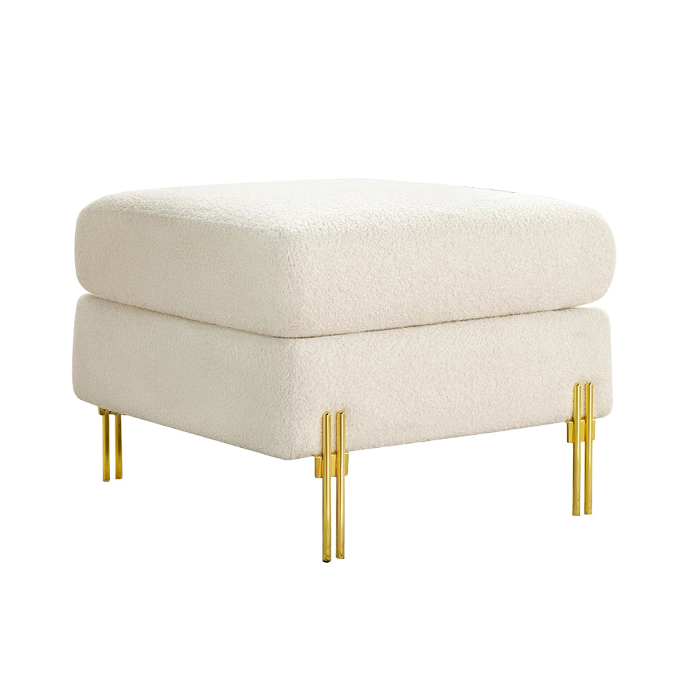 Luxe White Bouclé Ottoman - Gold Legs