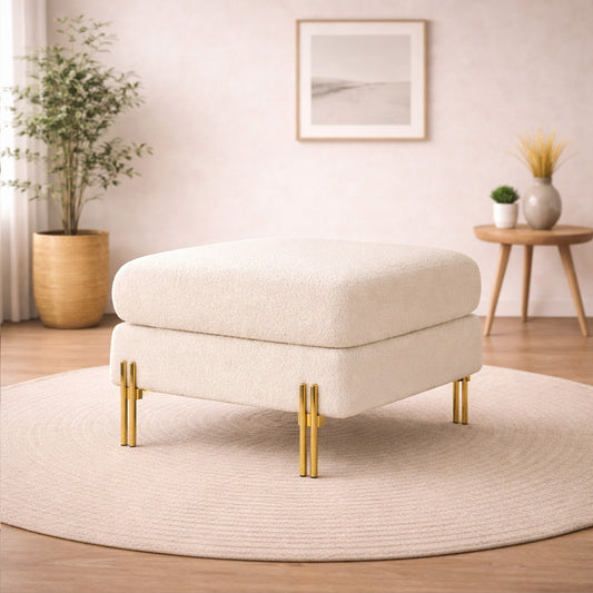 Luxe White Bouclé Ottoman - Gold Legs
