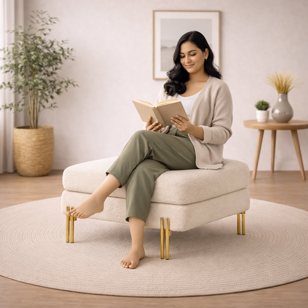 Luxe White Bouclé Ottoman - Gold Legs