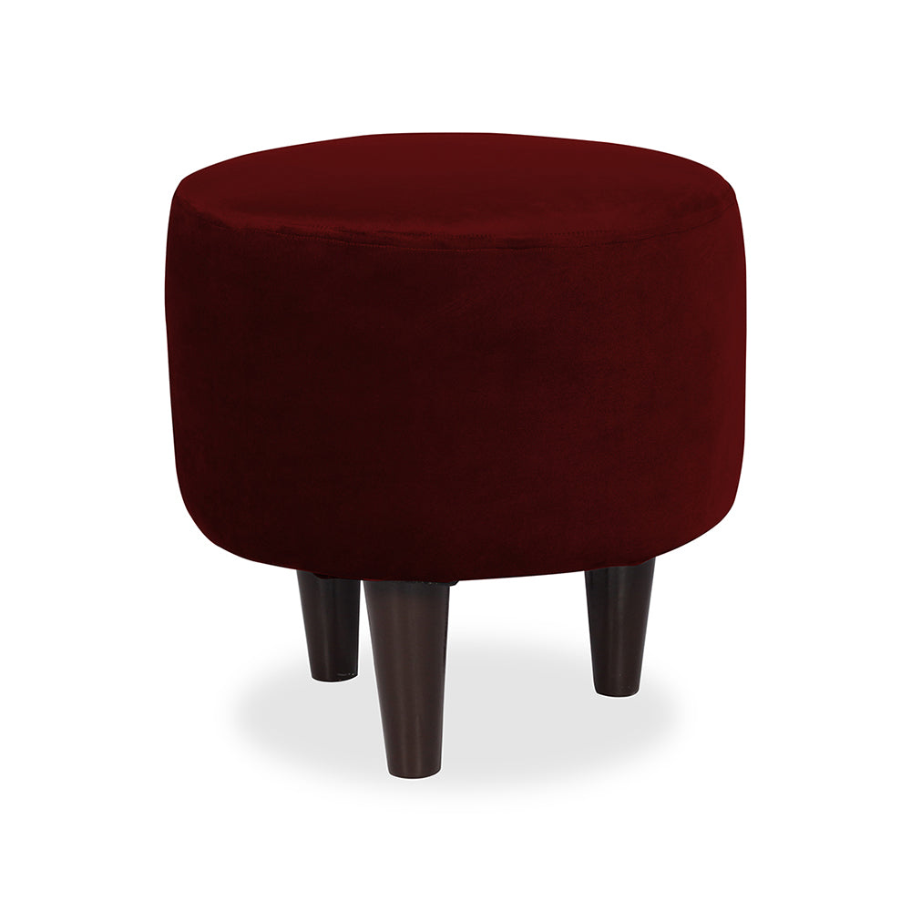 Maroon Velvet Round Ottoman - Wood Legs