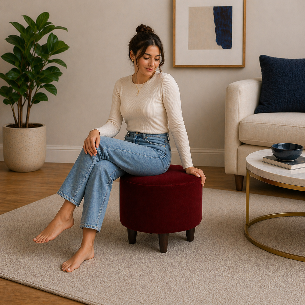 Maroon Velvet Round Ottoman - Wood Legs