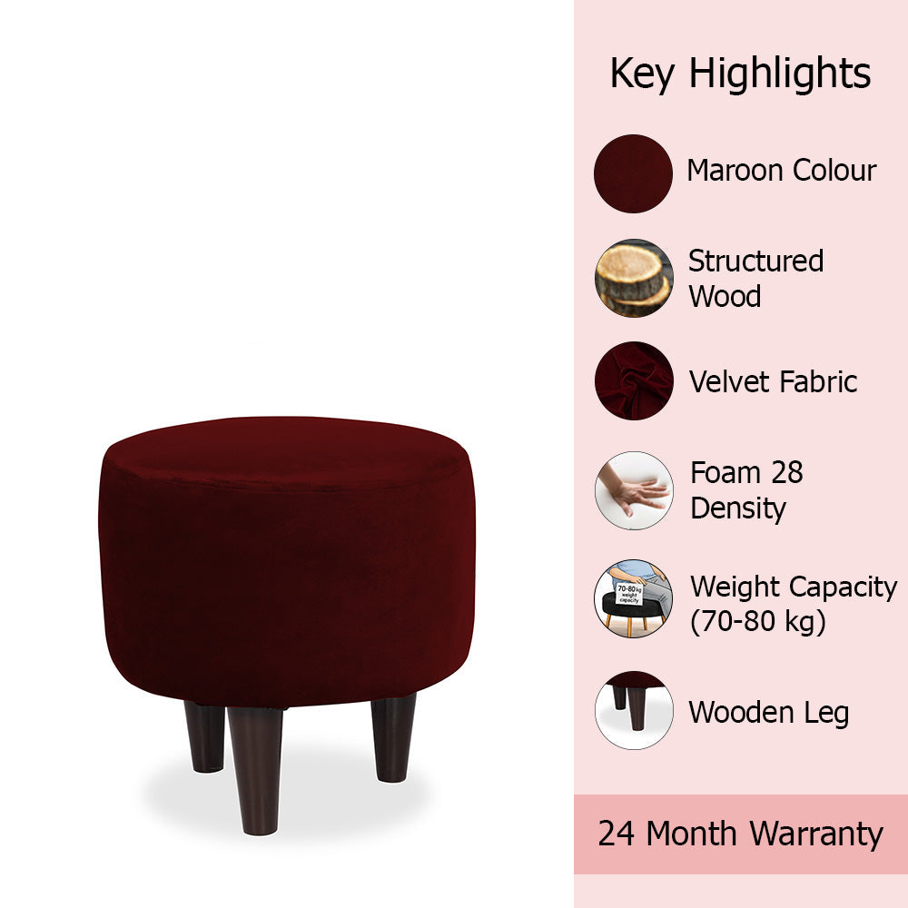 Maroon Velvet Round Ottoman - Wood Legs