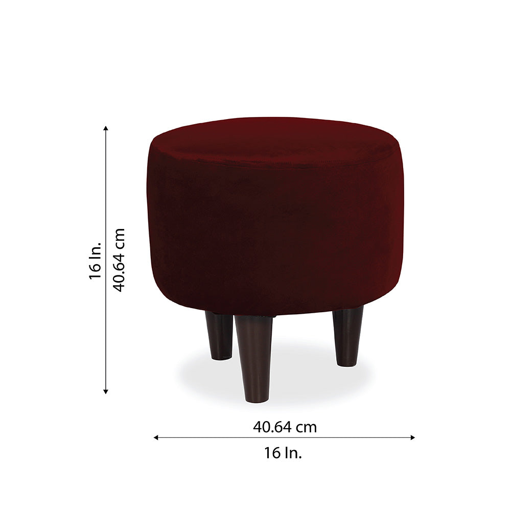Maroon Velvet Round Ottoman - Wood Legs