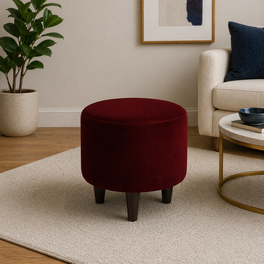 Maroon Velvet Round Ottoman - Wood Legs