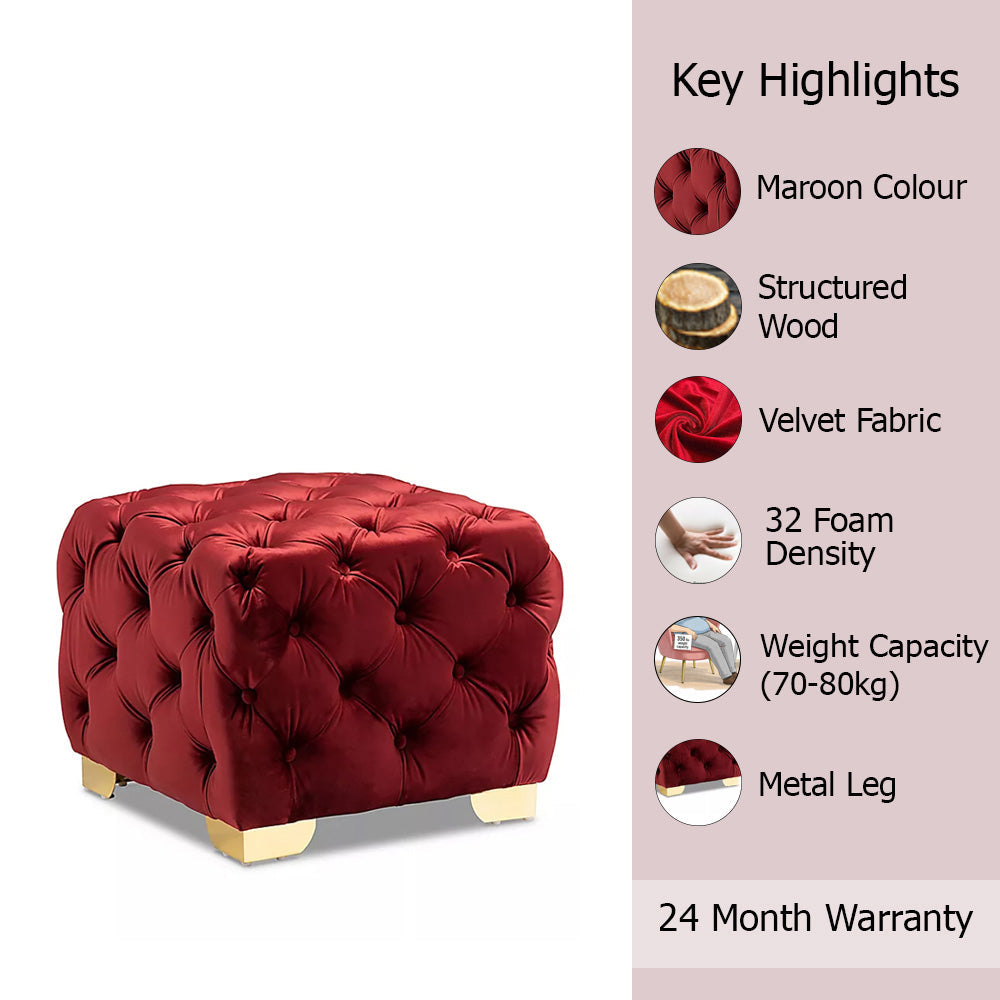 Maroon Velvet Tufted Ottoman - Gold Base