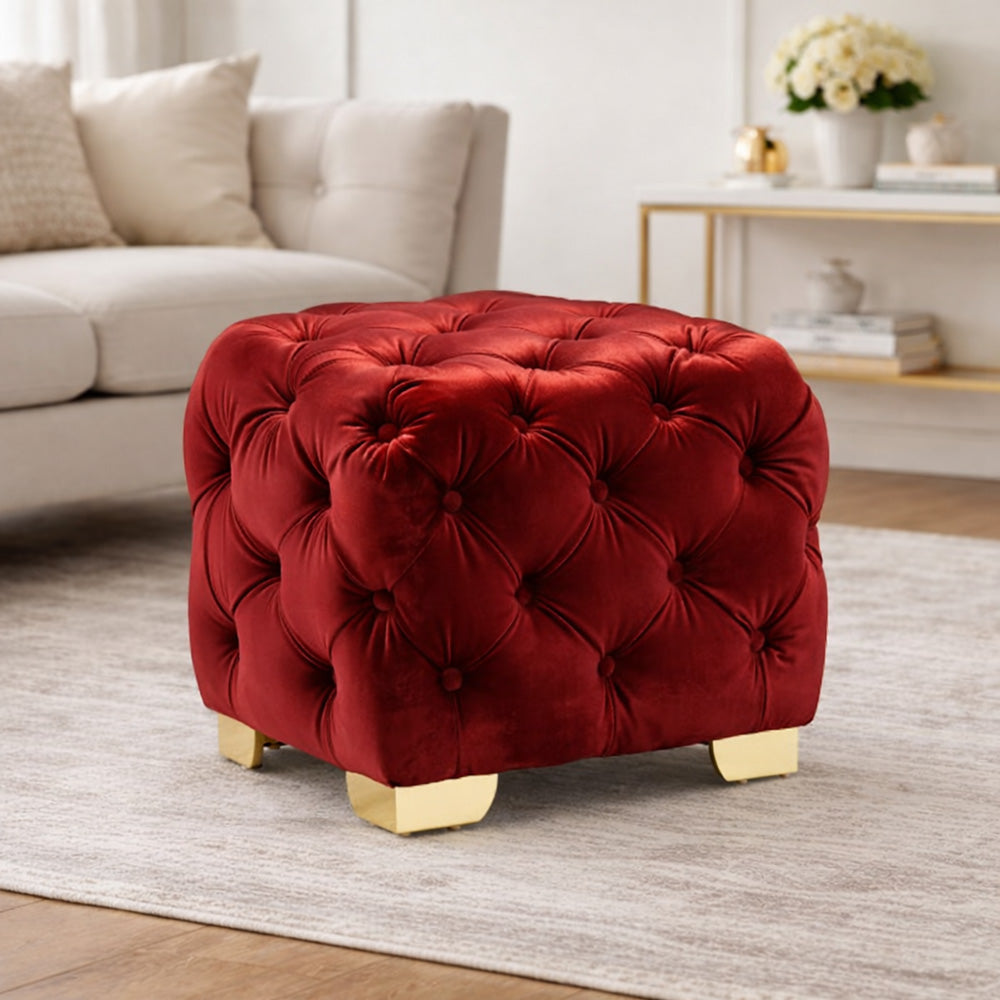 Maroon Velvet Tufted Ottoman - Gold Base