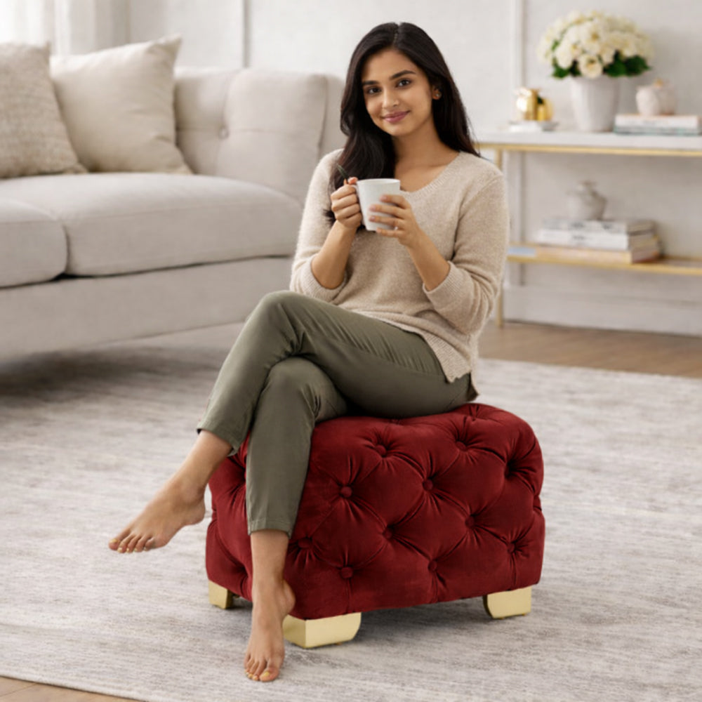 Maroon Velvet Tufted Ottoman - Gold Base