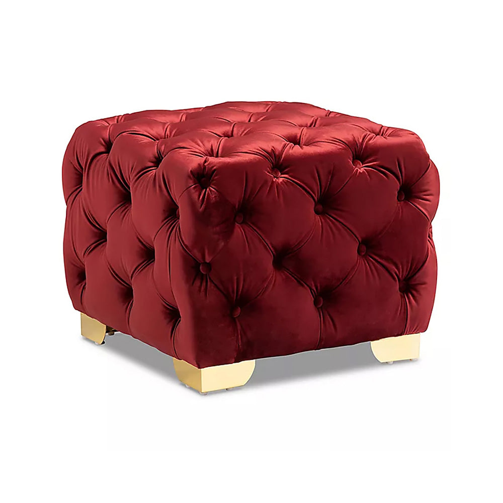 Maroon Velvet Tufted Ottoman - Gold Base