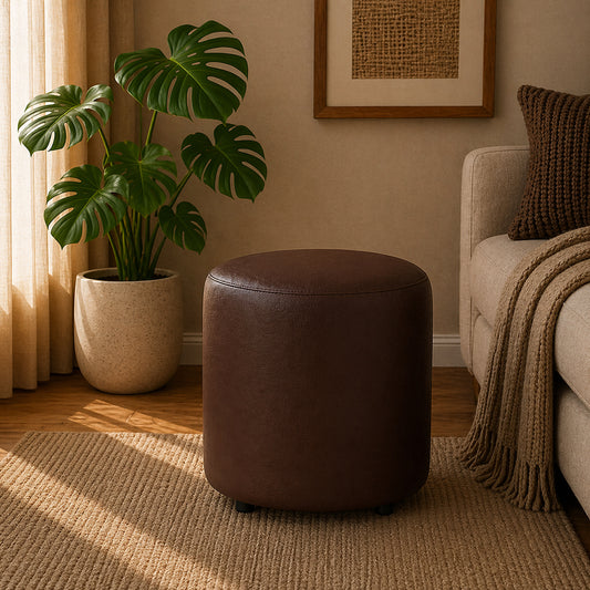 Mary Brown Leather Round Ottoman