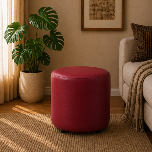 Mary Red Leather Round Ottoman
