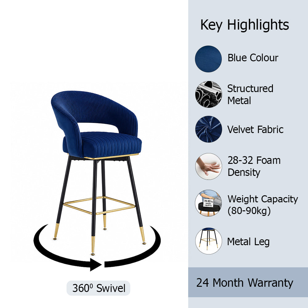 Mixoy Emerald Blue Velvet Bar Stool
