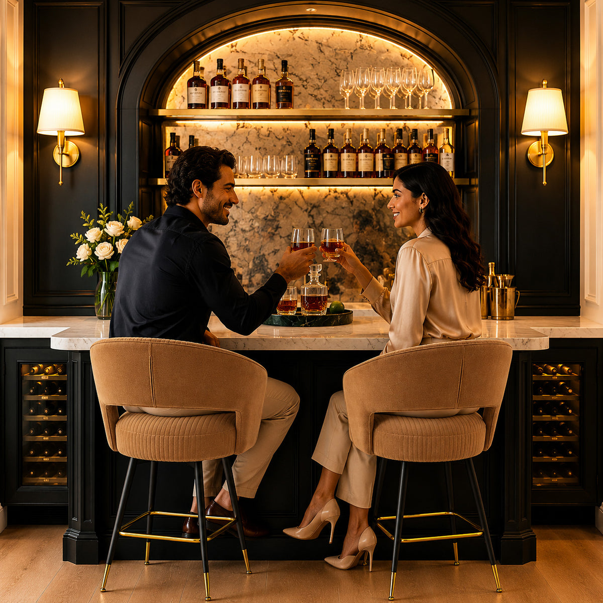 Mixoy Emerald Brown Velvet Bar Stool