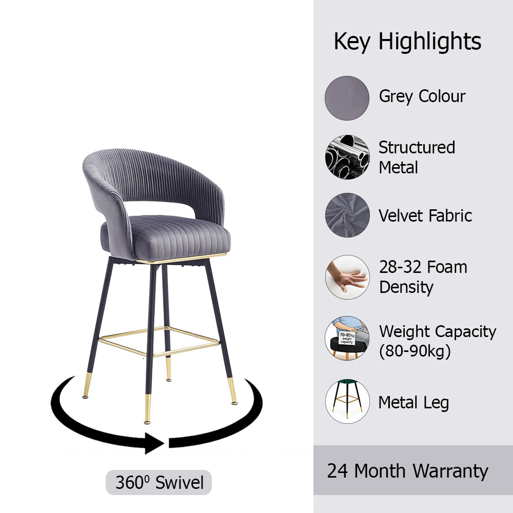 Mixoy Emerald Grey Velvet Bar Stool