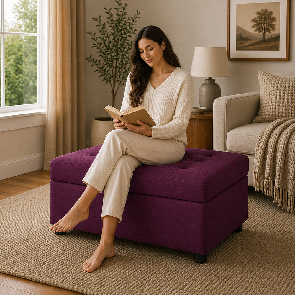 Modern Tufted Rectange Storage Ottoman Bench Purple