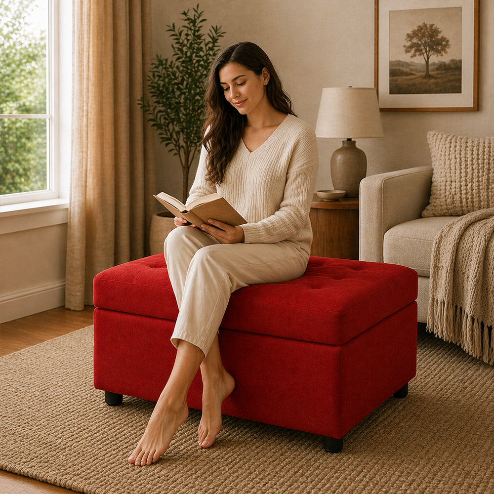 Modern Tufted Rectange Storage Ottoman Bench Red