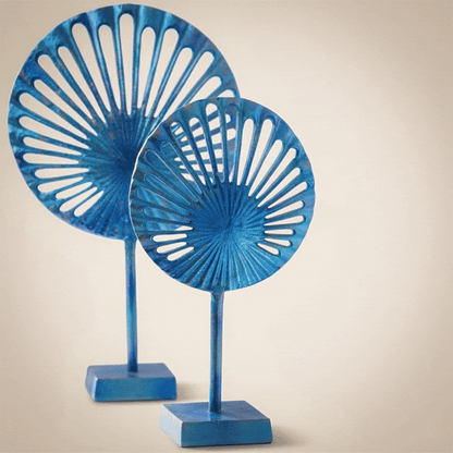 Ocean Mist Blue Sunburst Aluminum Sculpture – Modern Tabletop Decor (Set of 2)