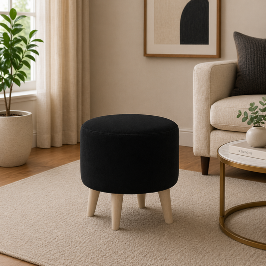 Parker Black Velvet Ottoman - Wood Legs