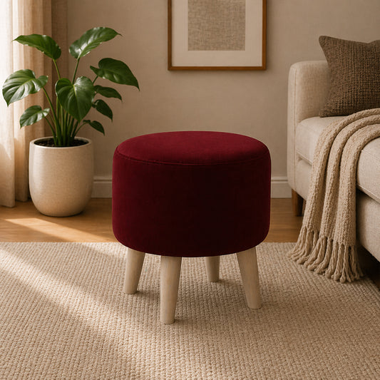 Parker Maroon Velvet Ottoman - Wood Legs