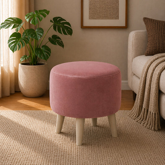 Parker Pink Velvet Ottoman - Wood Legs