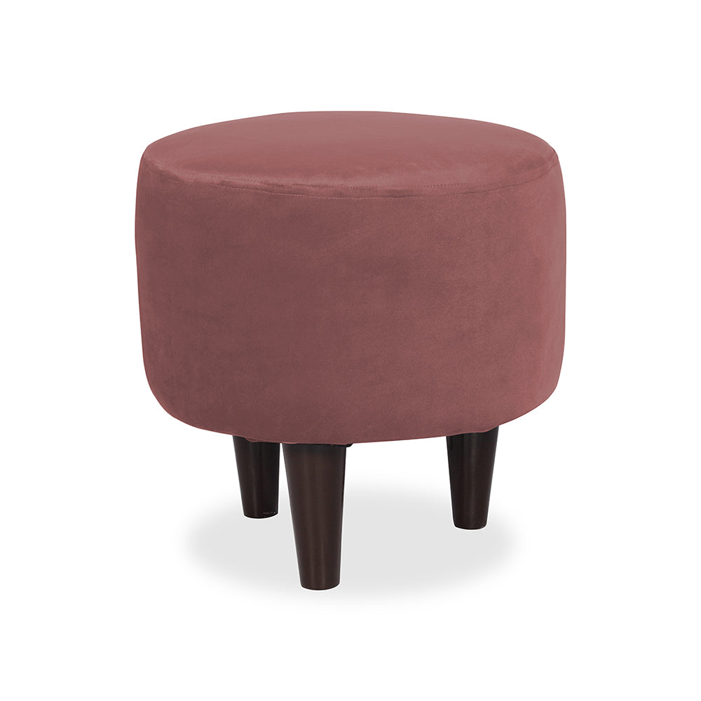 Pink Velvet Round Ottoman - Wood Legs