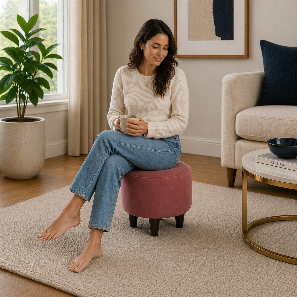 Pink Velvet Round Ottoman - Wood Legs