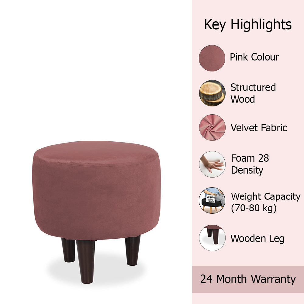 Pink Velvet Round Ottoman - Wood Legs