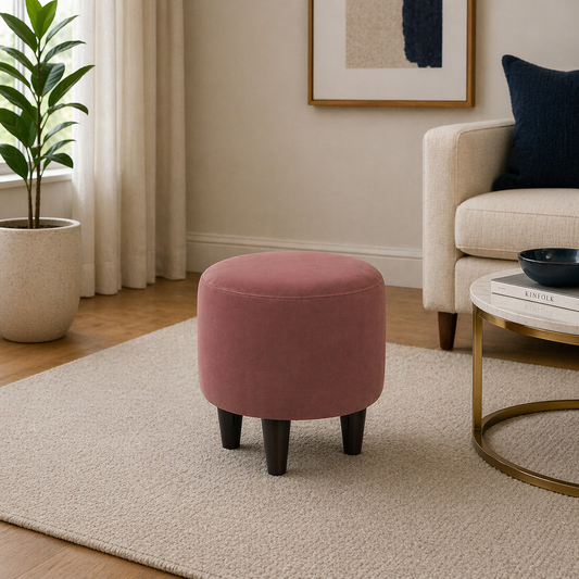 Pink Velvet Round Ottoman - Wood Legs