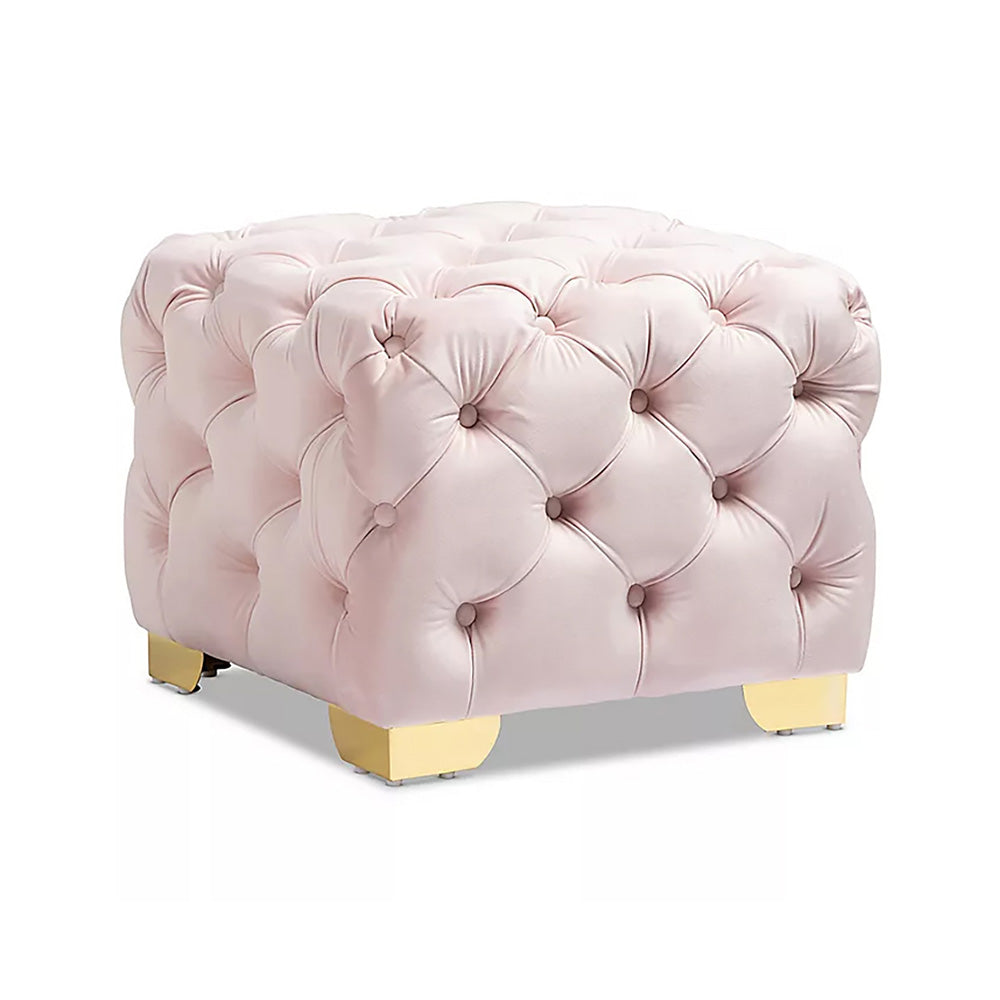Pink Velvet Tufted Ottoman - Gold Base