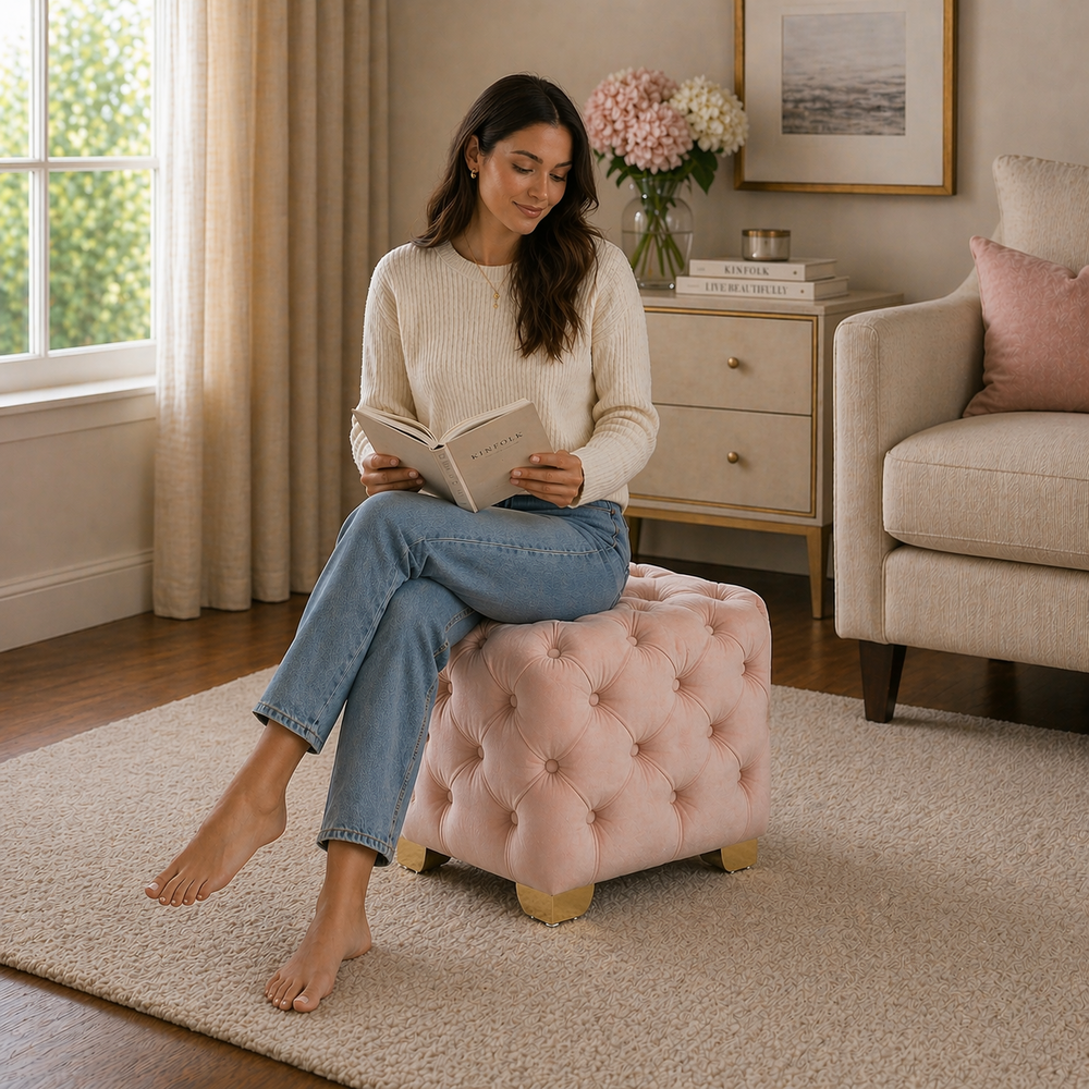 Pink Velvet Tufted Ottoman - Gold Base