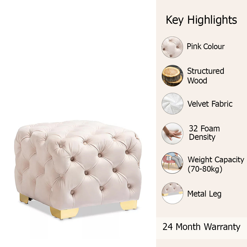 Pink Velvet Tufted Ottoman - Gold Base
