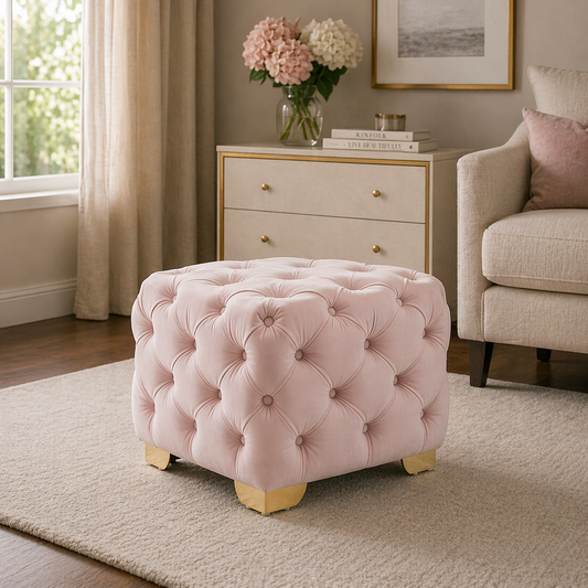 Pink Velvet Tufted Ottoman - Gold Base