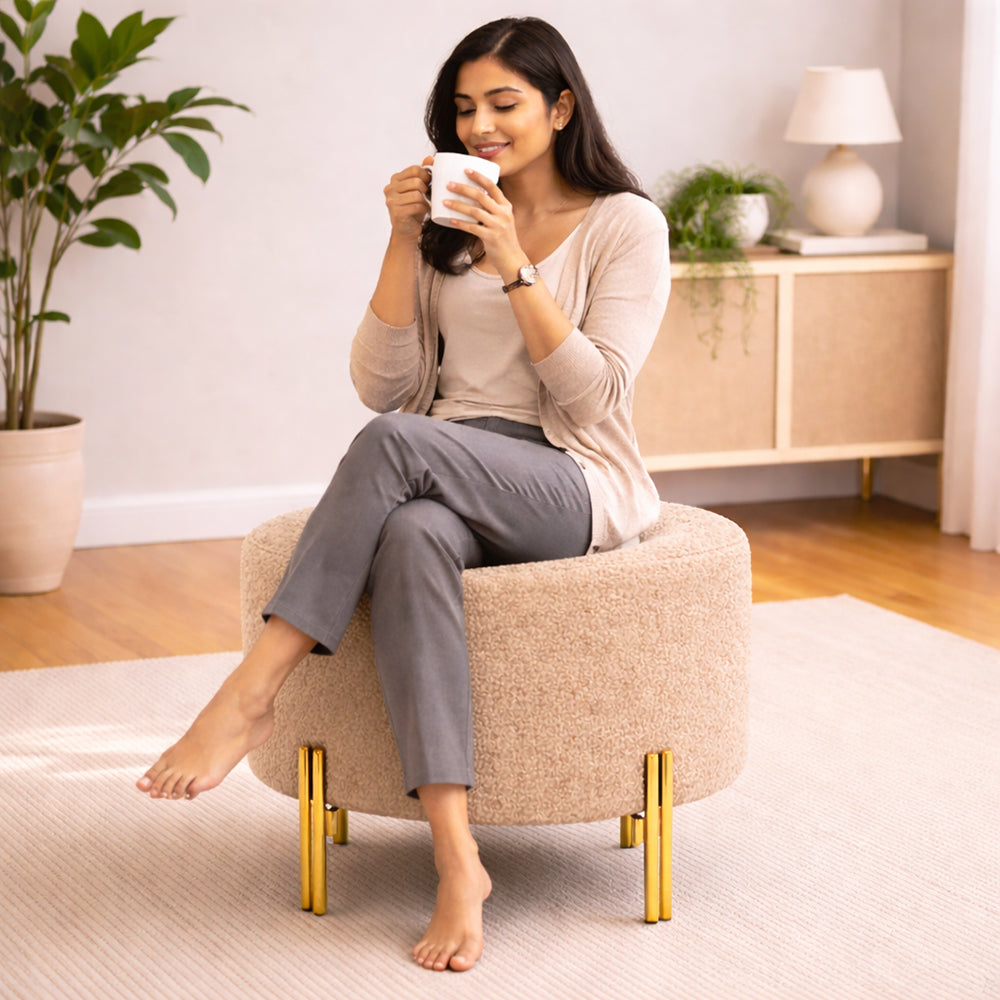 Premium Bouclé Beige Ottoman - Gold Legs