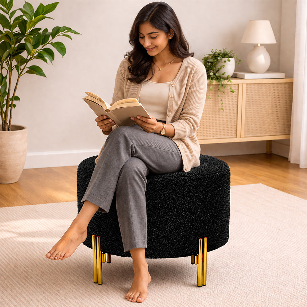 Premium Bouclé Black Ottoman - Gold Legs
