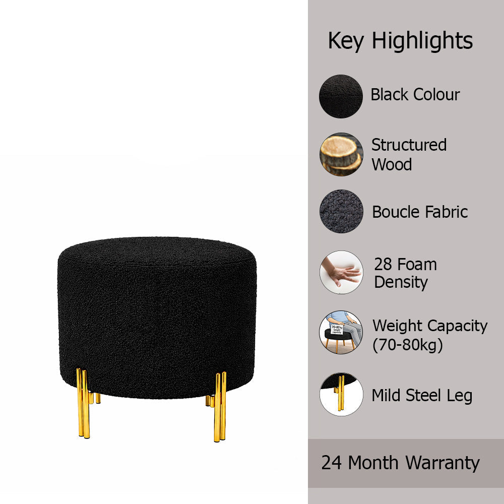Premium Bouclé Black Ottoman - Gold Legs