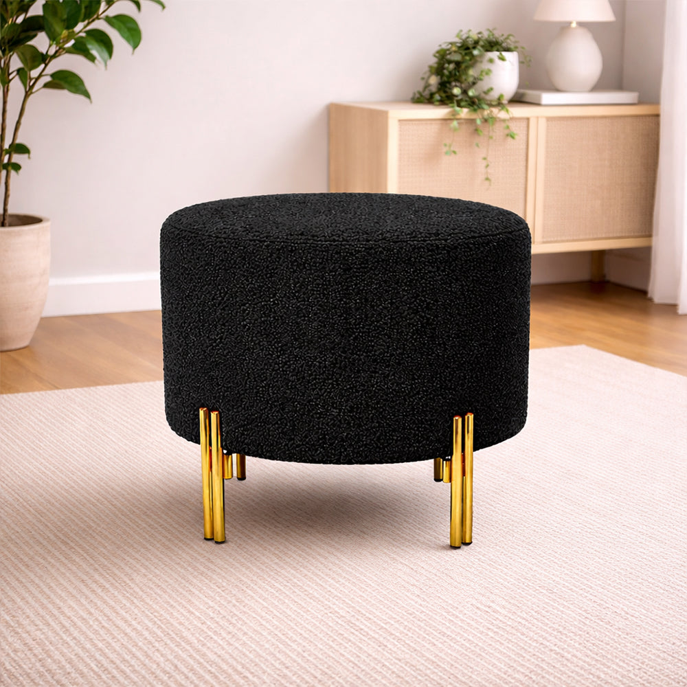 Premium Bouclé Black Ottoman - Gold Legs