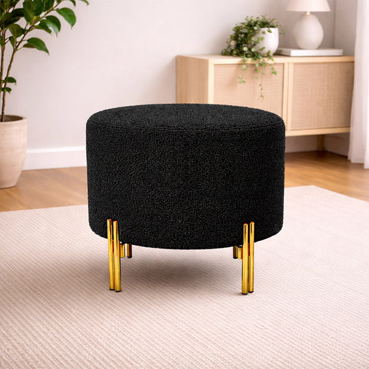 Premium Bouclé Black Ottoman - Gold Legs