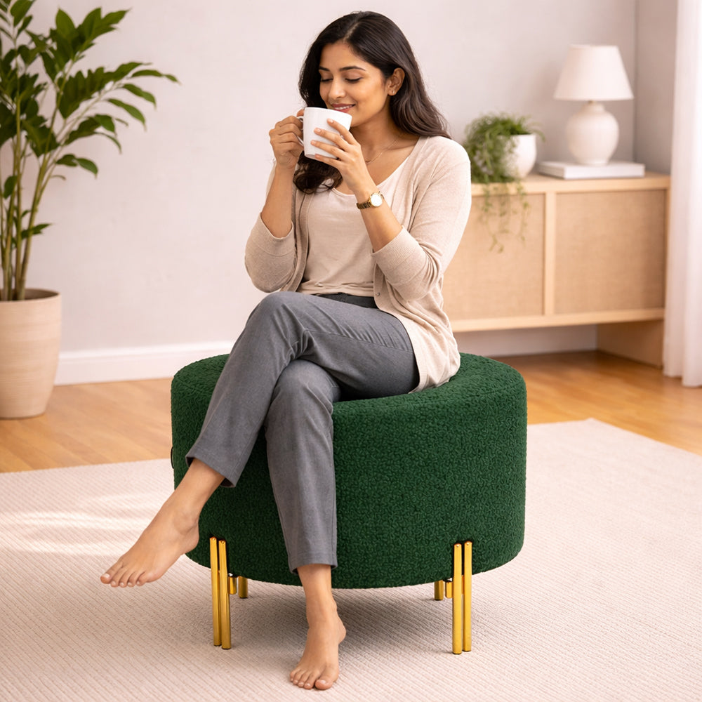 Premium Bouclé Green Ottoman - Gold Legs