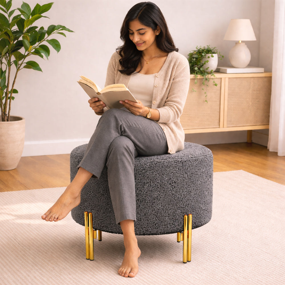 Premium Bouclé Grey Ottoman - Gold Legs