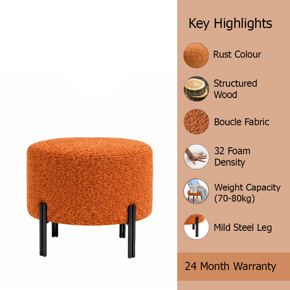 Premium Bouclé Orange Ottoman - Black Legs