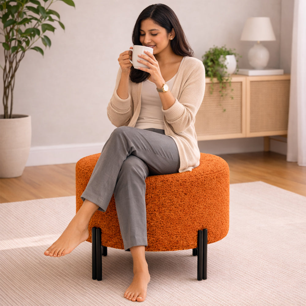 Premium Bouclé Orange Ottoman - Black Legs