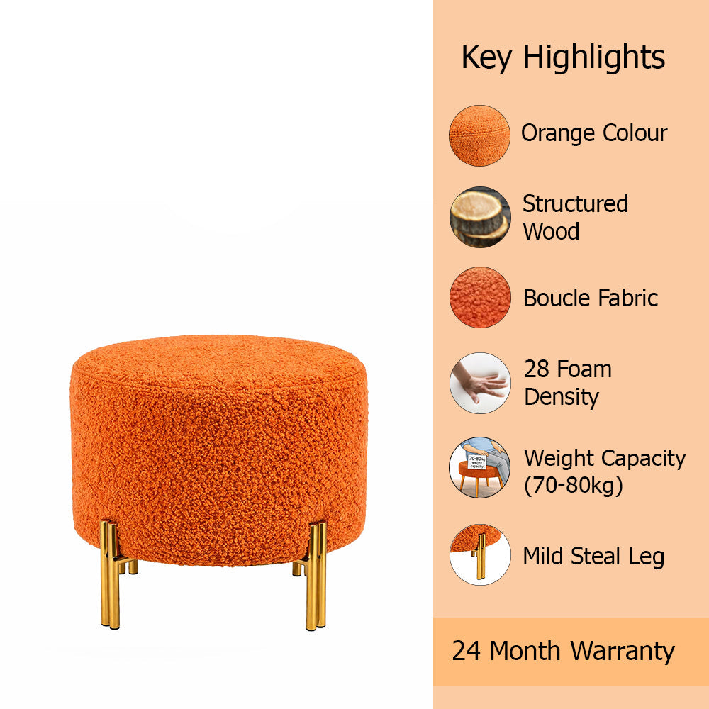 Premium Bouclé Orange Ottoman - Gold Legs
